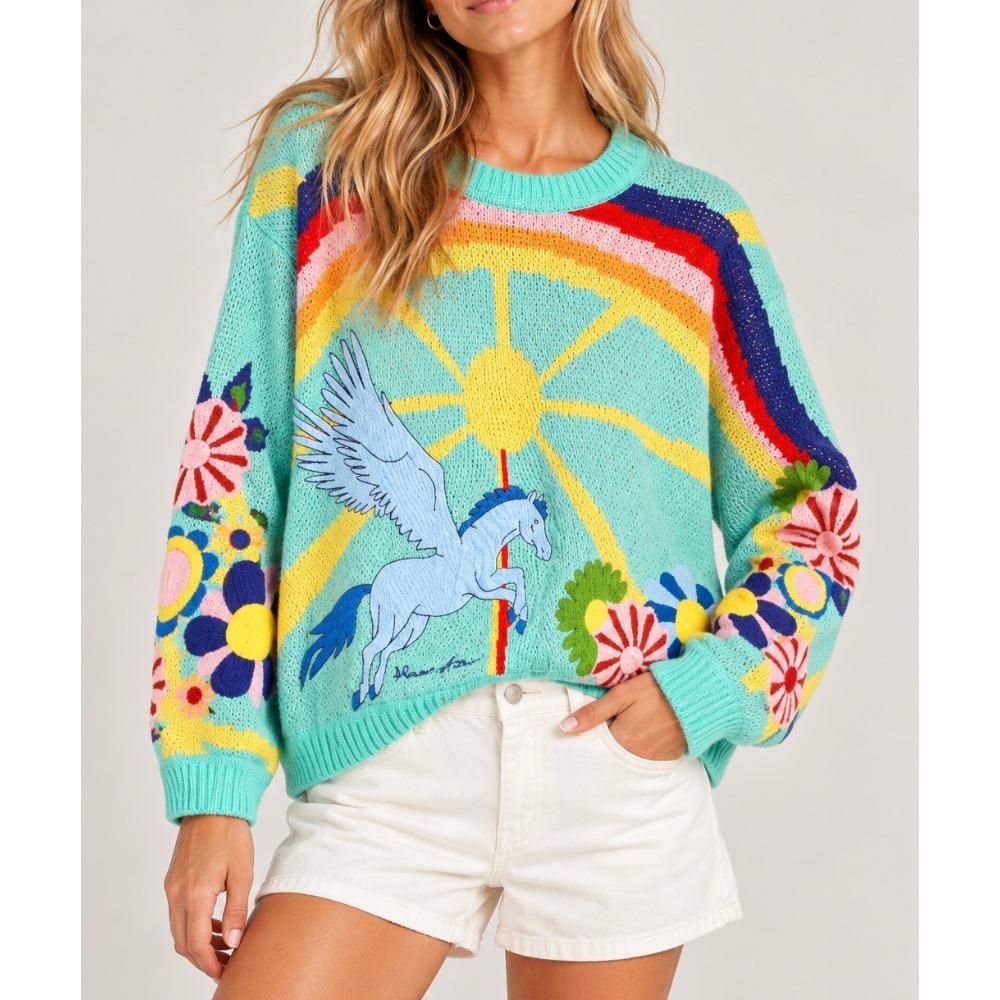House of Sunny Technicolor Pegasus Rainbow Floral Embroider Knit Sweater US 10 L